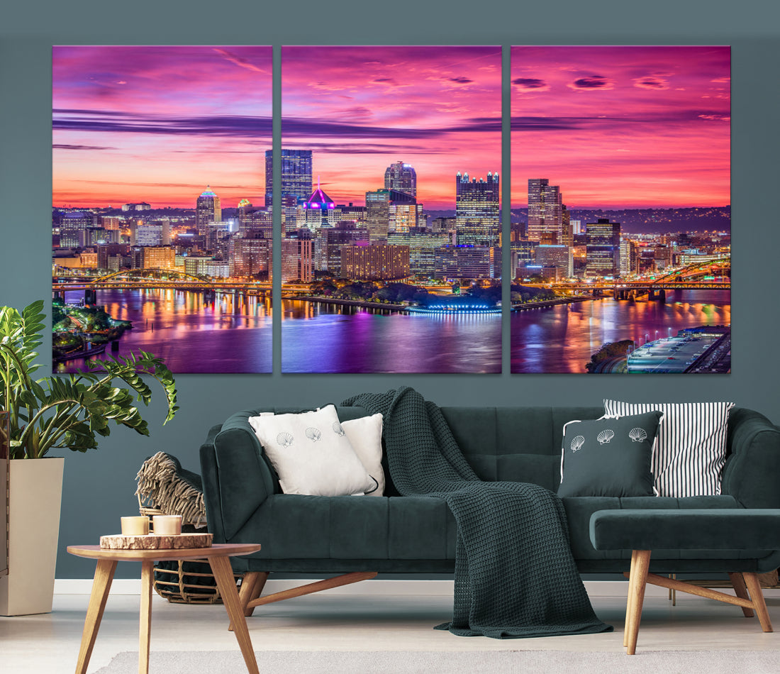 Pittsburgh Skyline Wall Art pink sky sunset cityscape Canvas Print Pennsylvania wall decor