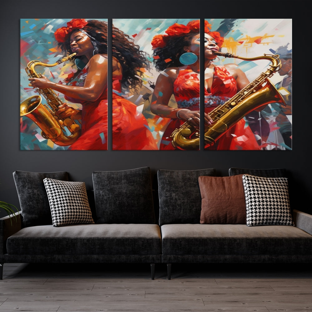 Saxophone Music Wall Art, Jazz Canvas Print, African American Woman Painting, Set of Print