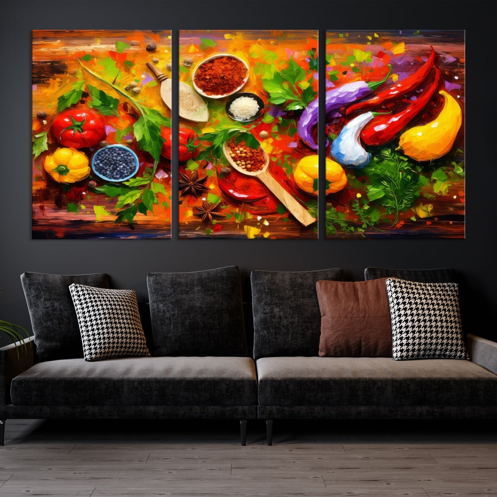 Modern Kitchen Wall Art Print, Colorful Fresh Vegetables Cooking Canvas Art, Restaurant Decor, Set of