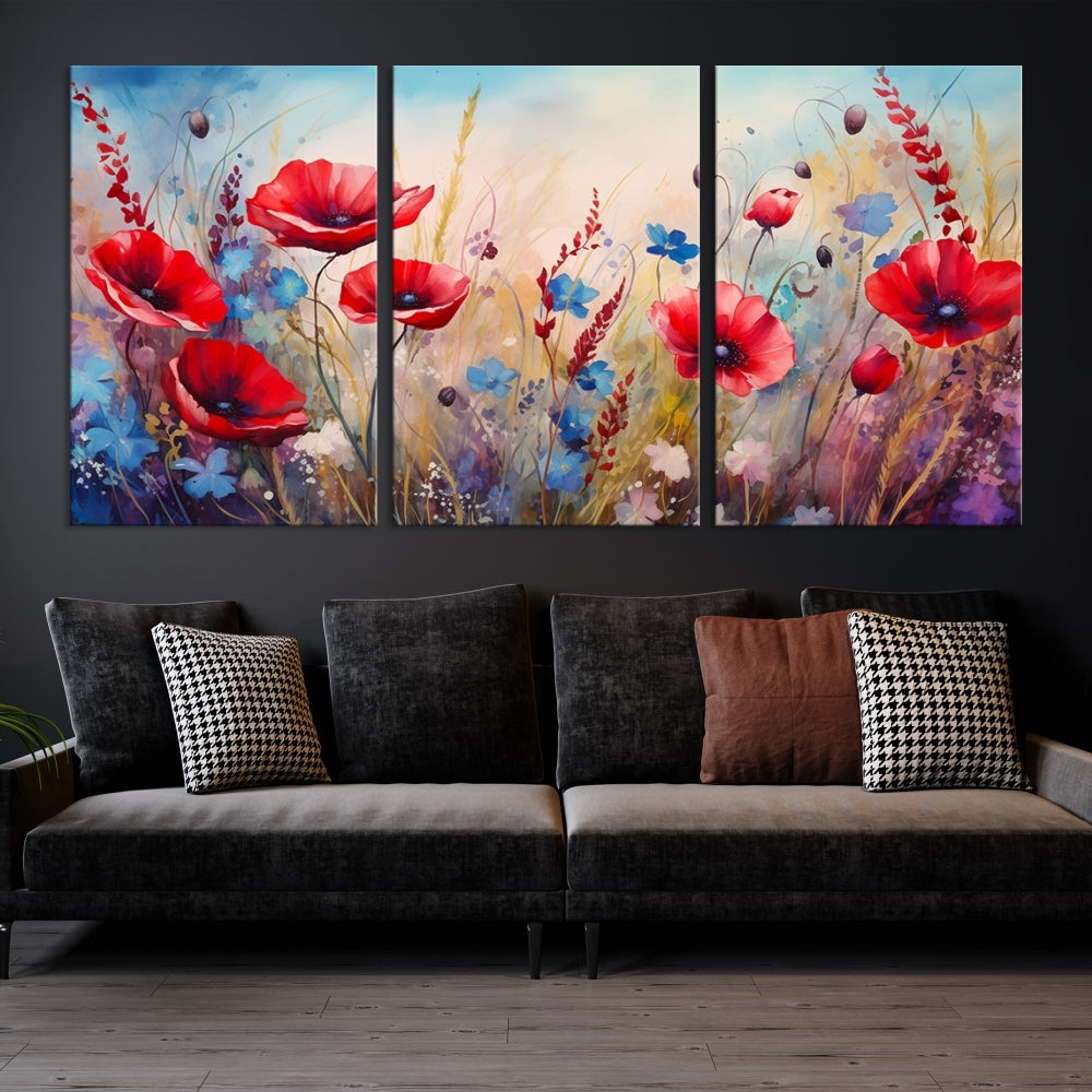 Colorful Wall Art Canvas Print Abstract Flowers Watercolor Red Blue Painting