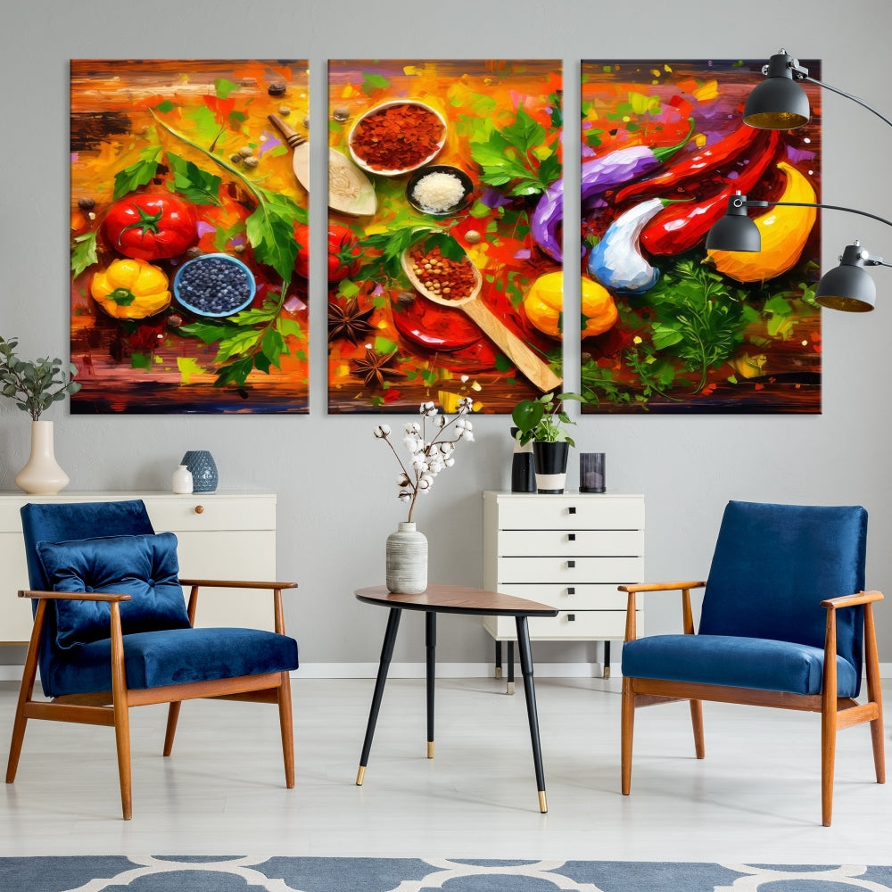 Modern Kitchen Wall Art Print, Colorful Fresh Vegetables Cooking Canvas Art, Restaurant Decor, Set of