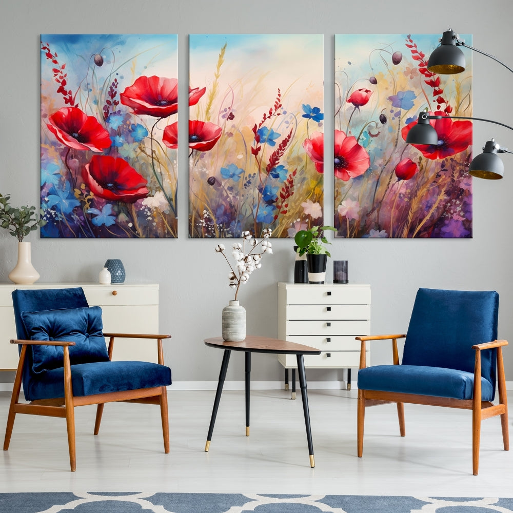 Colorful Wall Art Canvas Print Abstract Flowers Watercolor Red Blue Painting