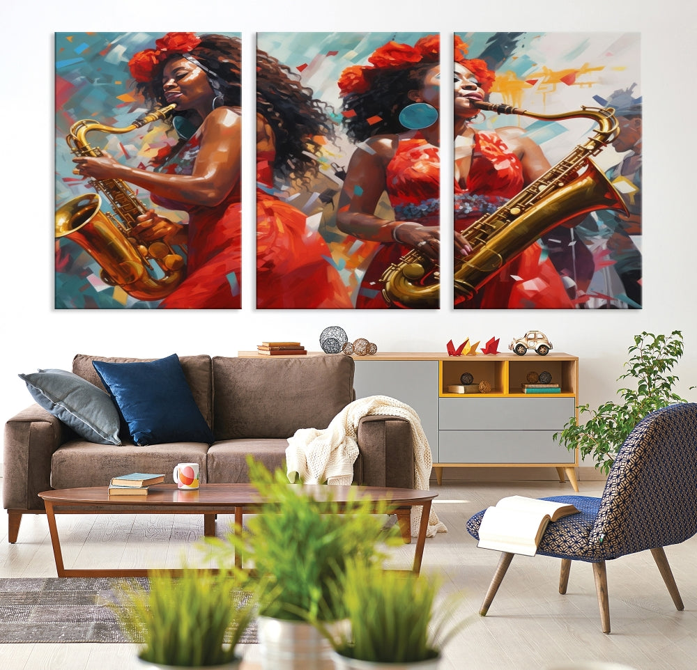 Saxophone Music Wall Art, Jazz Canvas Print, African American Woman Painting, Set of Print