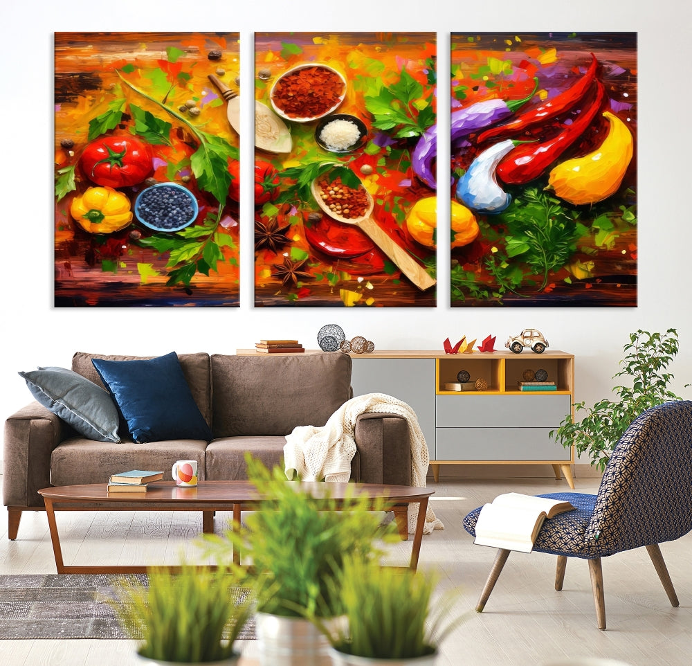 Modern Kitchen Wall Art Print, Colorful Fresh Vegetables Cooking Canvas Art, Restaurant Decor, Set of