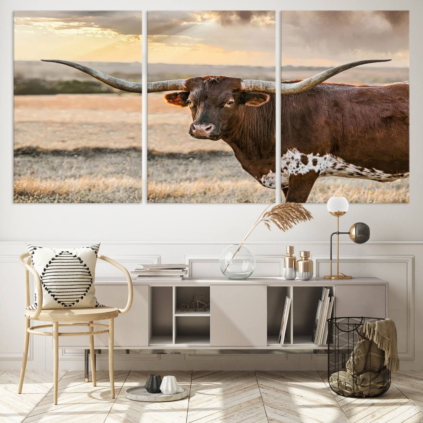 Bighorn Cow Texas Theme Decor Wall Art Canvas Print, Cattle Longhorn Wall Art Print