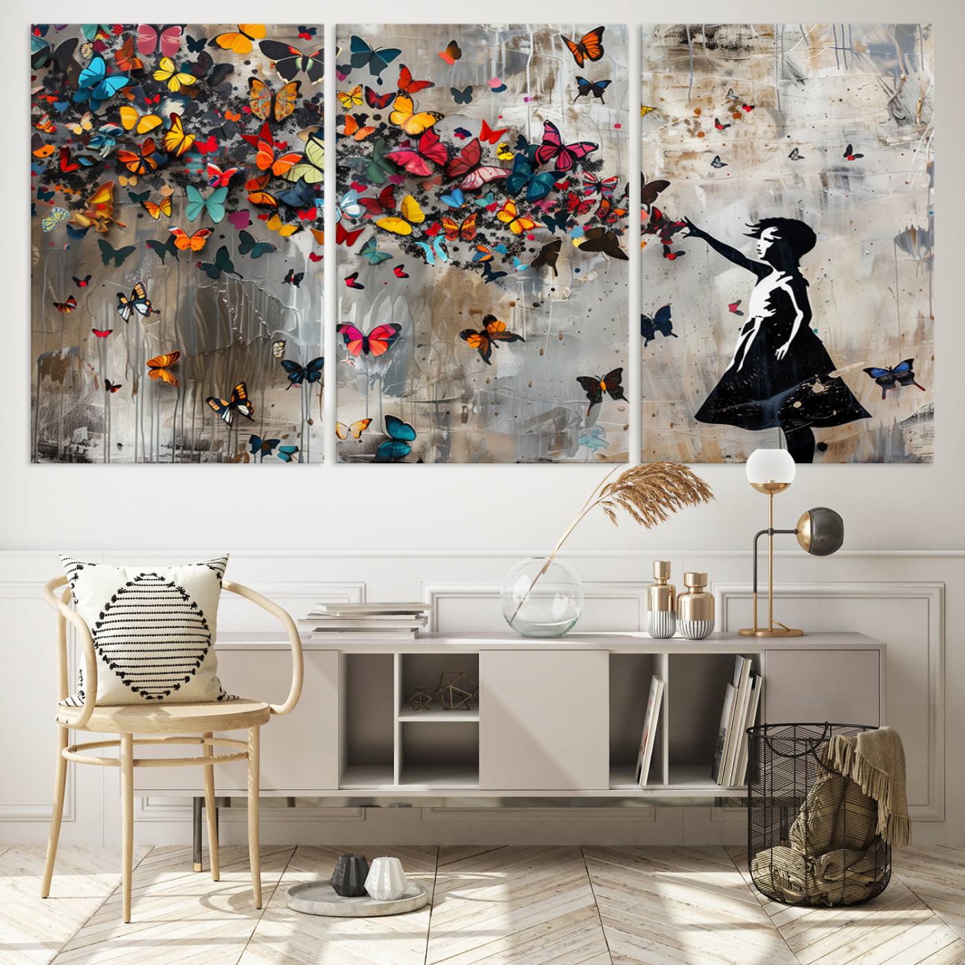 Banksy Style Girl and Butterfly on the Wall Art Canvas Print