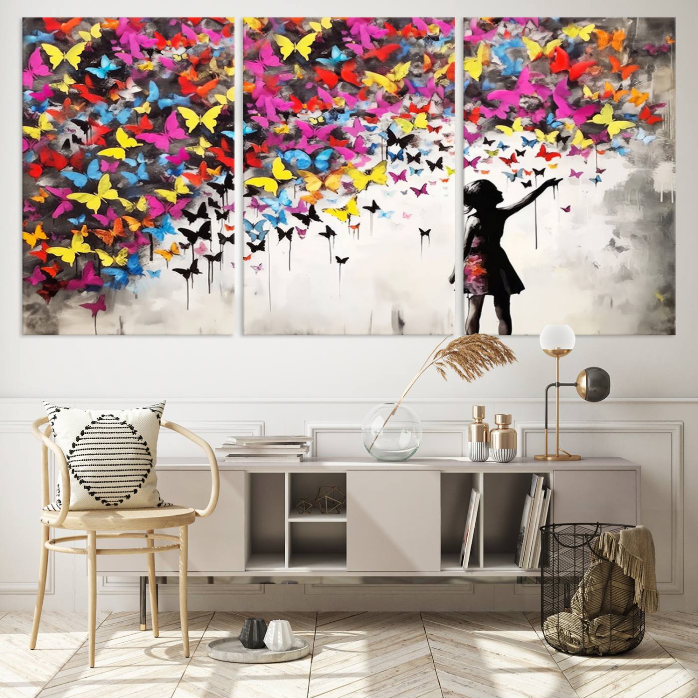 Banksy Style Girl and Butterfly Wall Art Canvas Print