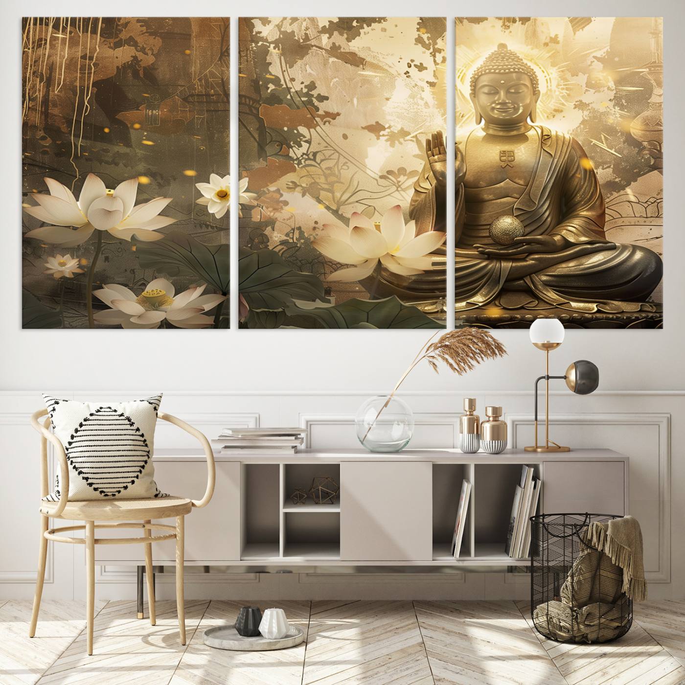 Buddha and Lotus Wall Art Canvas Print, Buddha Meditation Room Decor, Yoga Room Wall Art