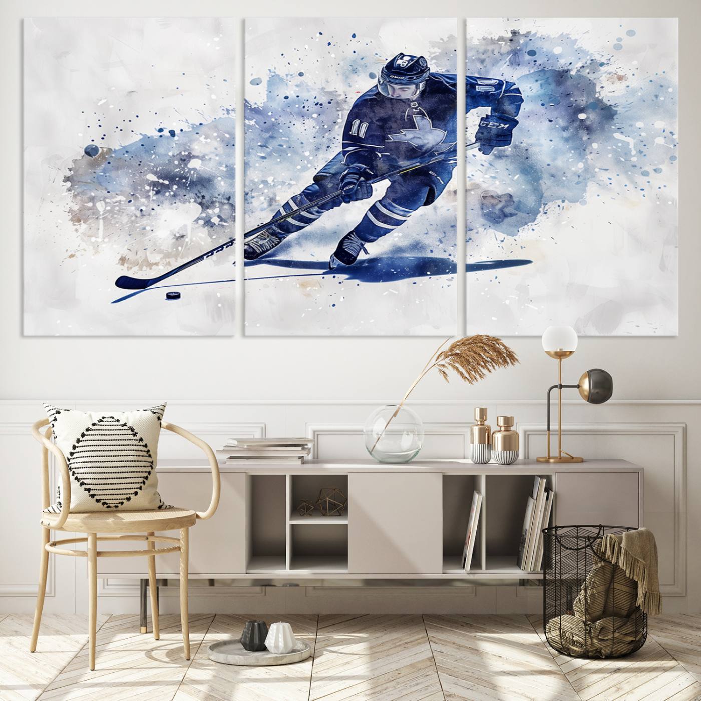 Abstract Watercolor Hockey Player Wall Art Canvas Print for Sport Room Decor