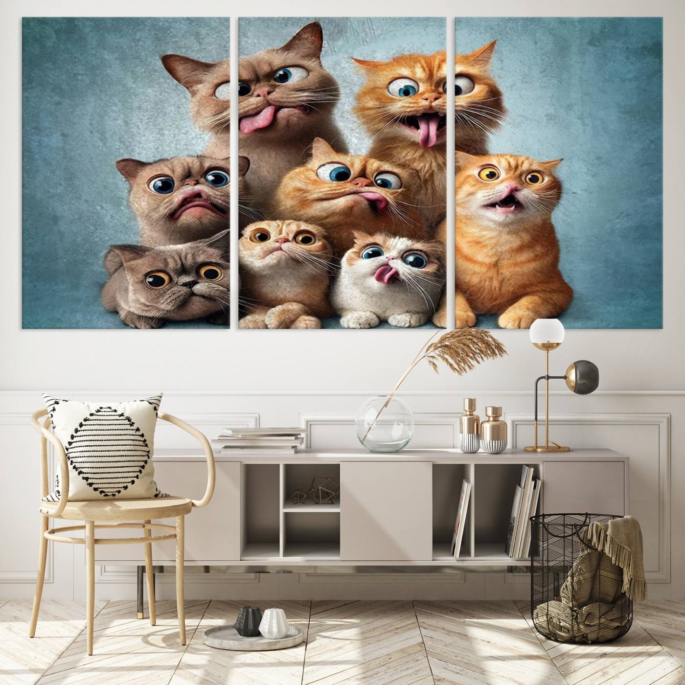 Fanny Cats Wall Art Canvas Print, Pixar Style Cat Wall Art Print, Comic Cartoon Cat Print