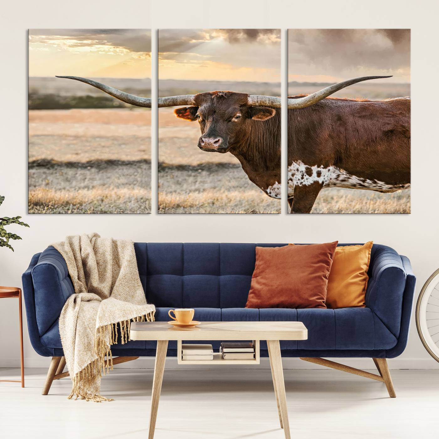 Bighorn Cow Texas Theme Decor Wall Art Canvas Print, Cattle Longhorn Wall Art Print