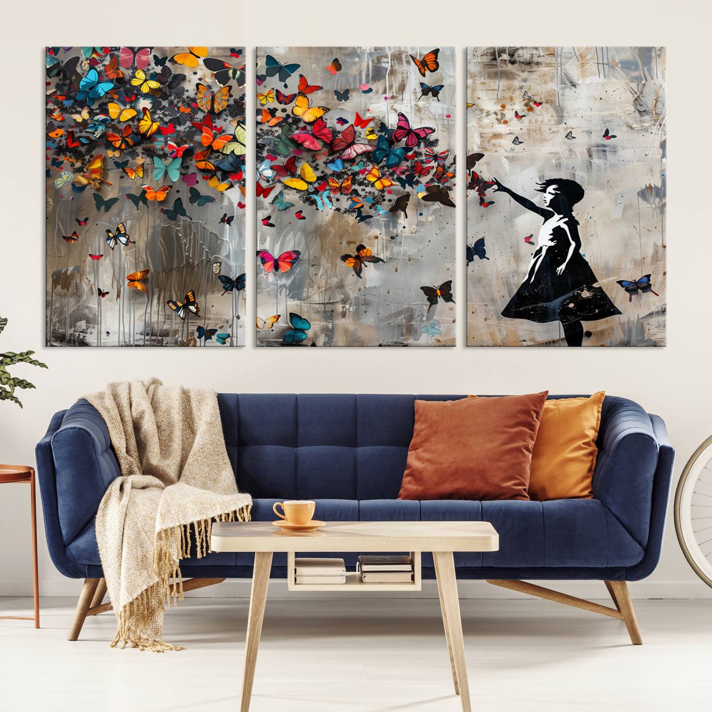 Banksy Style Girl and Butterfly on the Wall Art Canvas Print