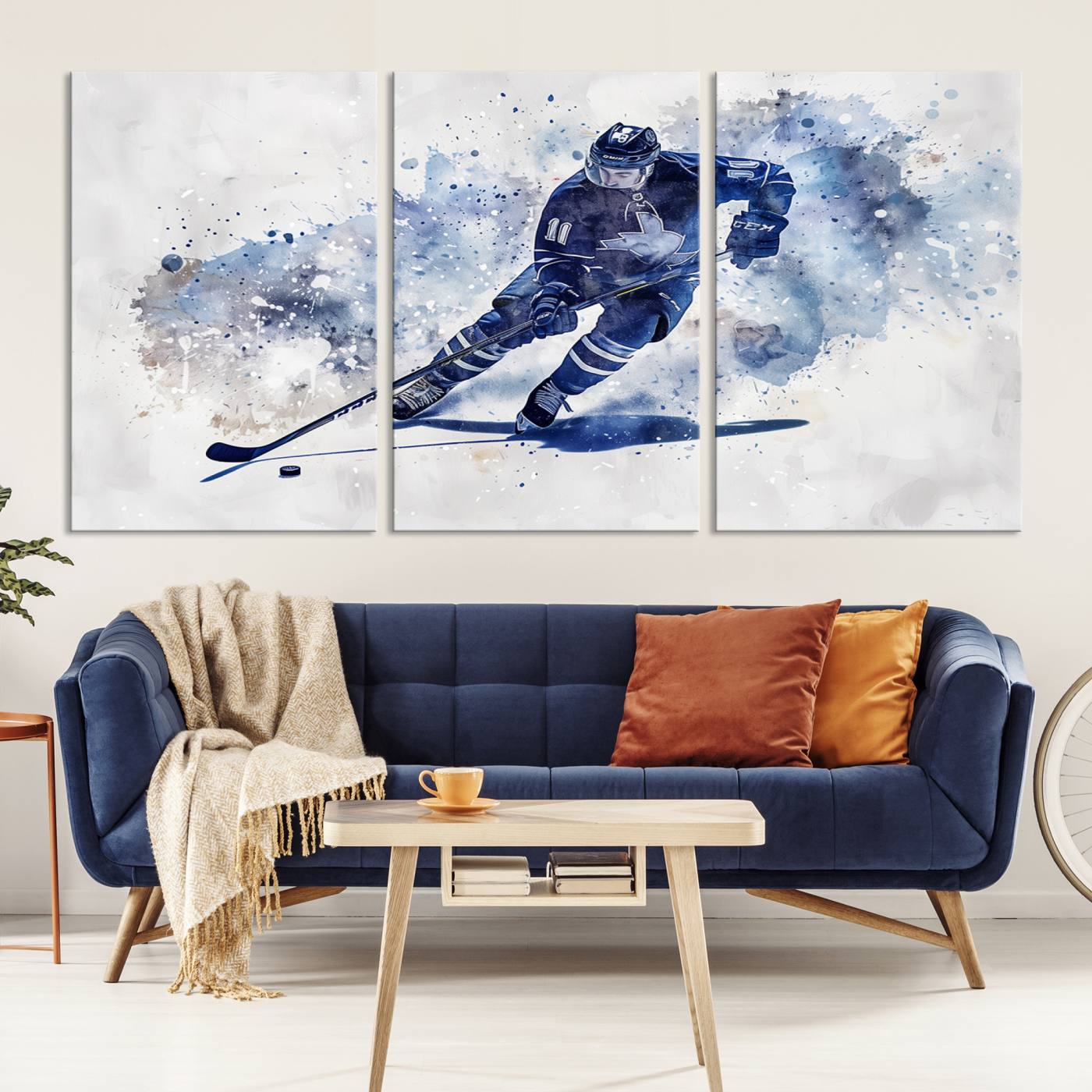 Abstract Watercolor Hockey Player Wall Art Canvas Print for Sport Room Decor