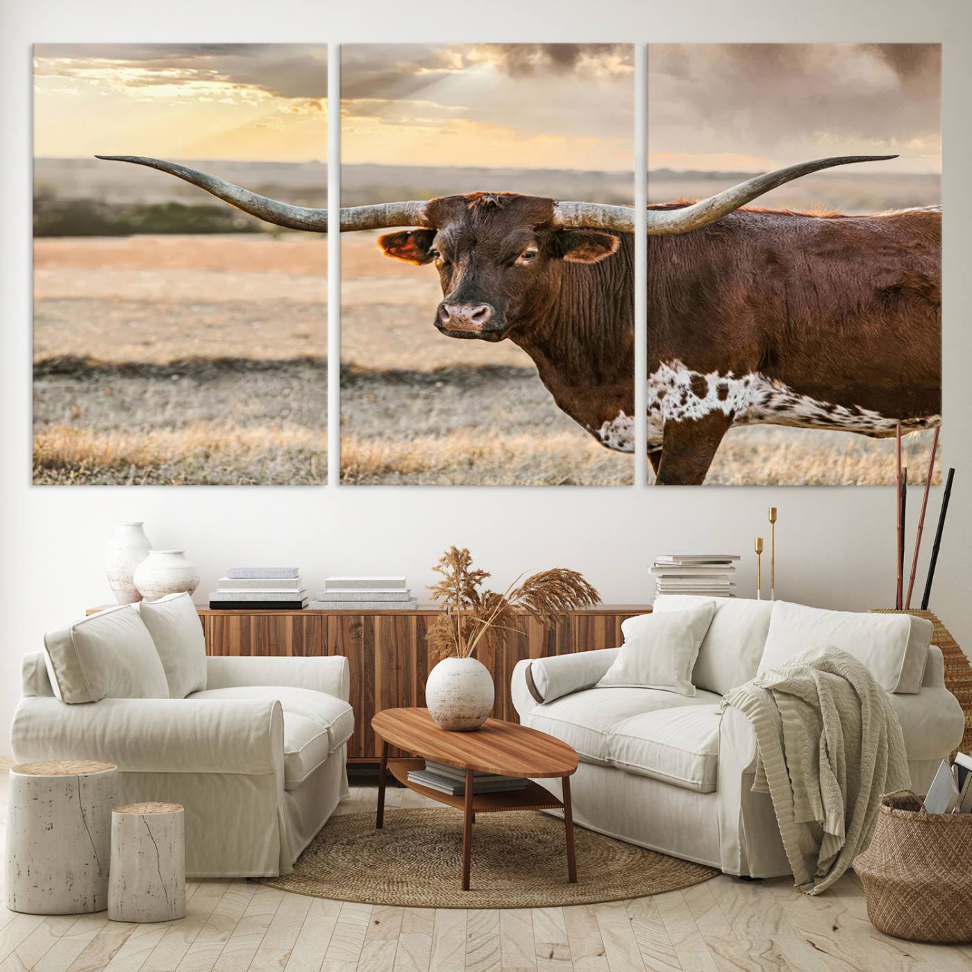 Bighorn Cow Texas Theme Decor Wall Art Canvas Print, Cattle Longhorn Wall Art Print