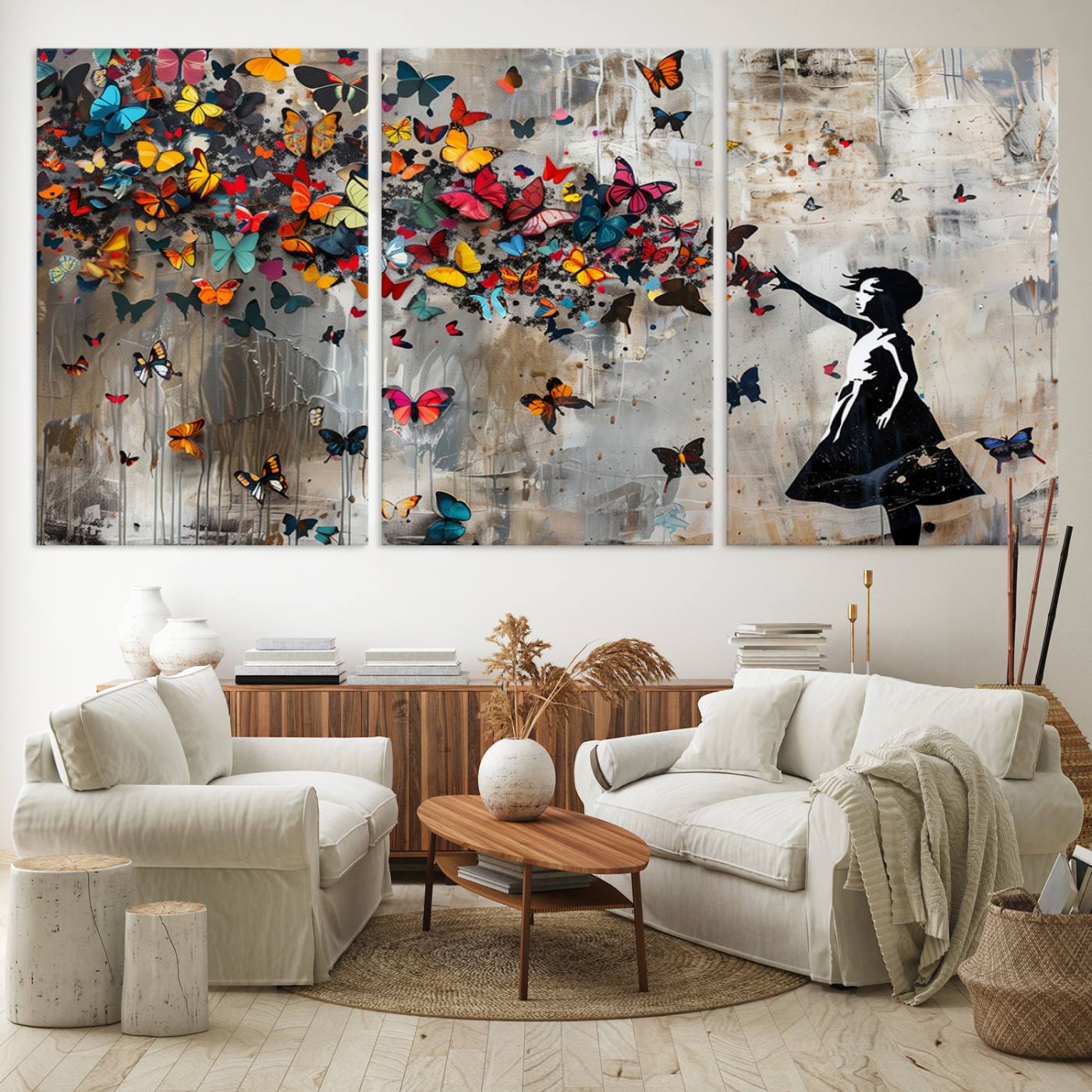 Banksy Style Girl and Butterfly on the Wall Art Canvas Print