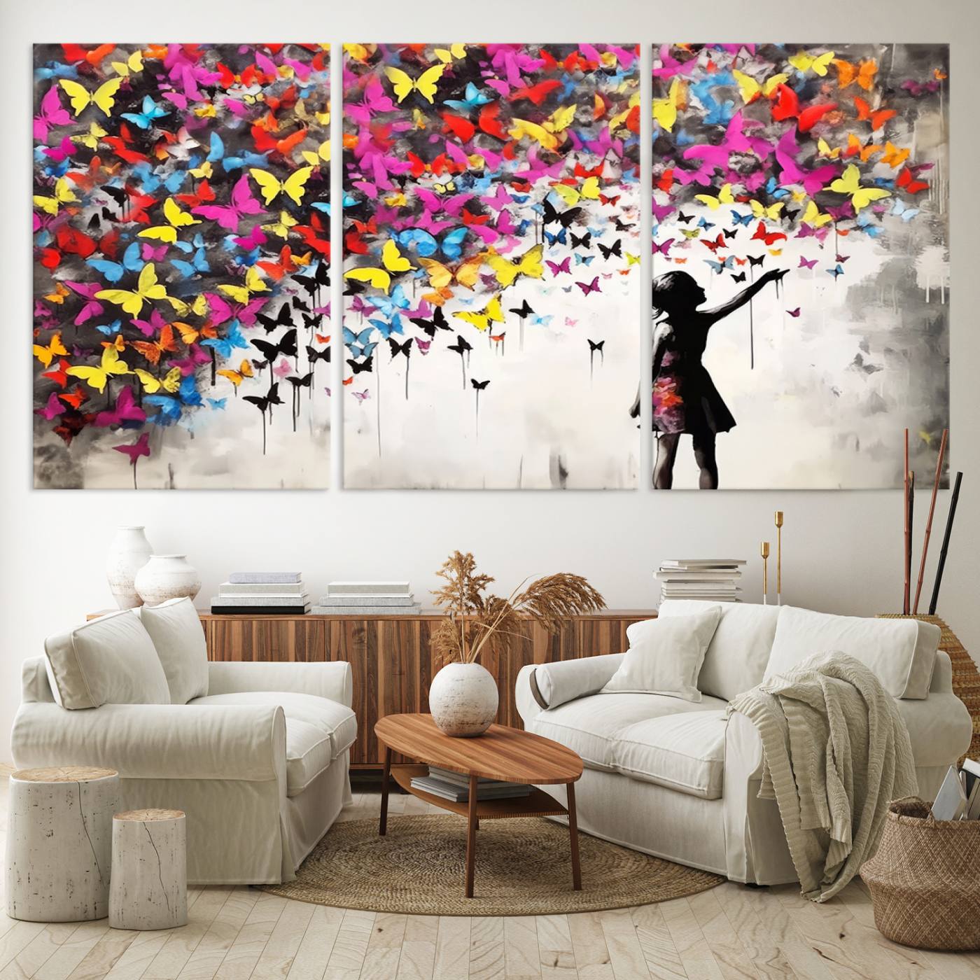 Banksy Style Girl and Butterfly Wall Art Canvas Print