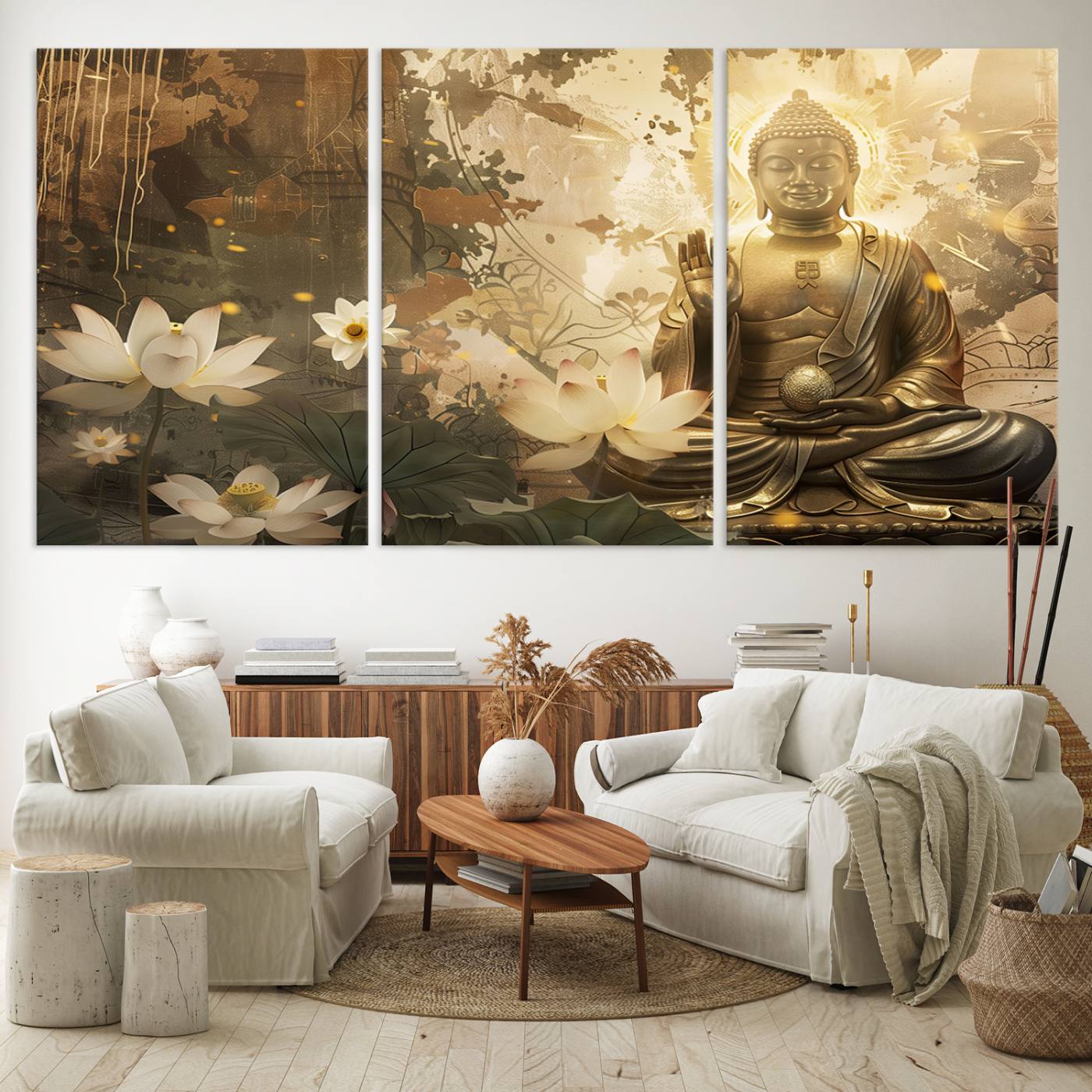 Buddha and Lotus Wall Art Canvas Print, Buddha Meditation Room Decor, Yoga Room Wall Art