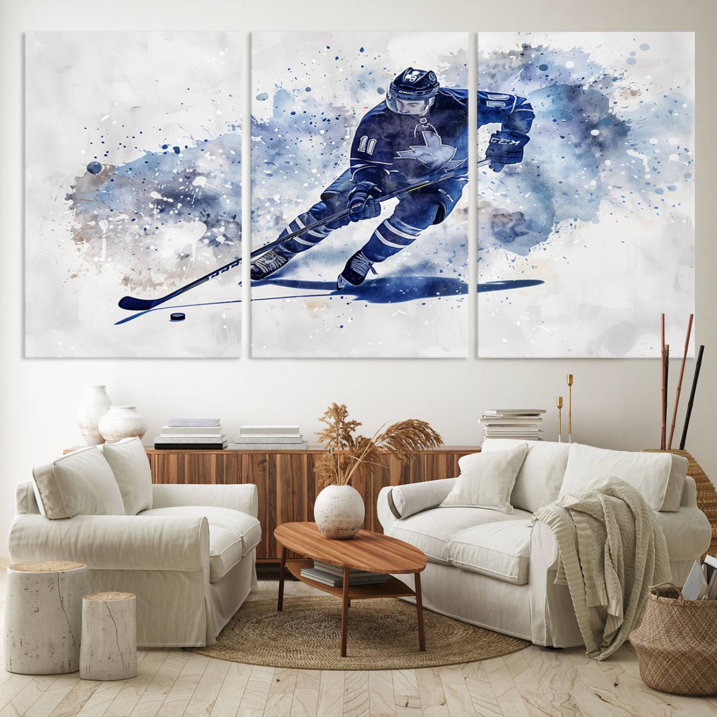 Abstract Watercolor Hockey Player Wall Art Canvas Print for Sport Room Decor