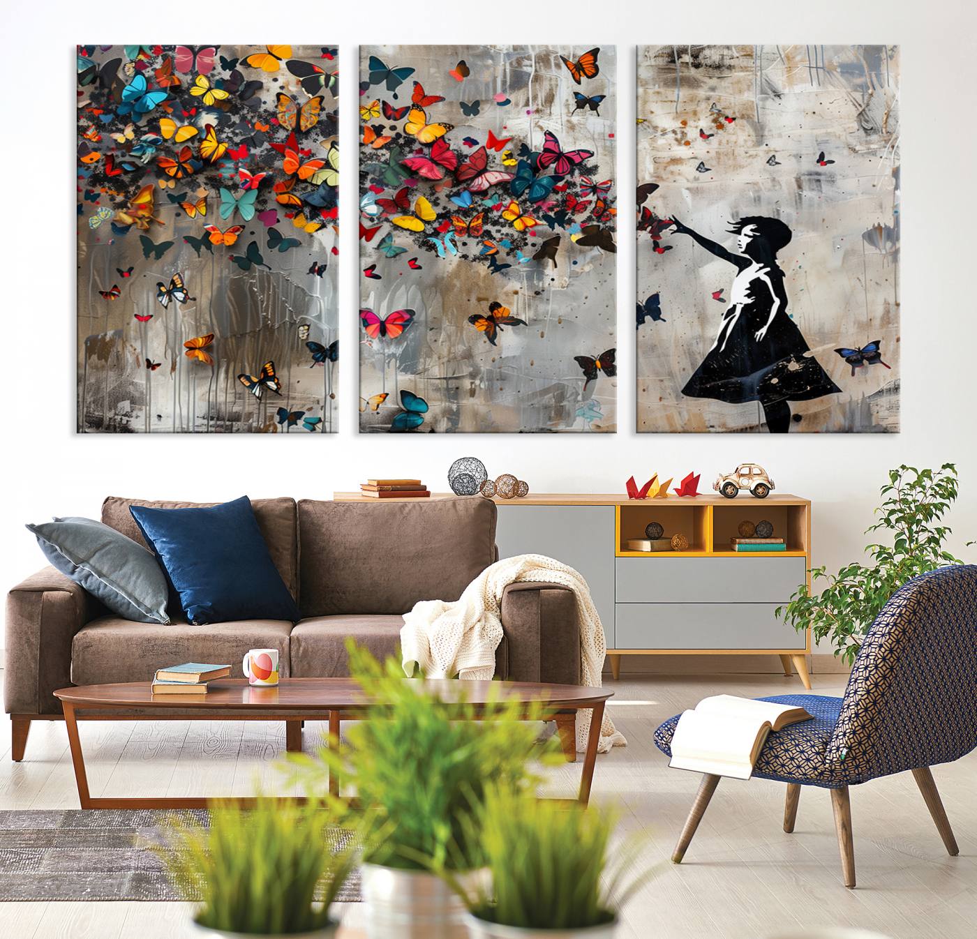 Banksy Style Girl and Butterfly on the Wall Art Canvas Print