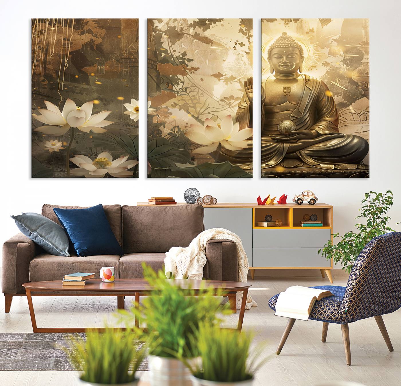 Buddha and Lotus Wall Art Canvas Print, Buddha Meditation Room Decor, Yoga Room Wall Art