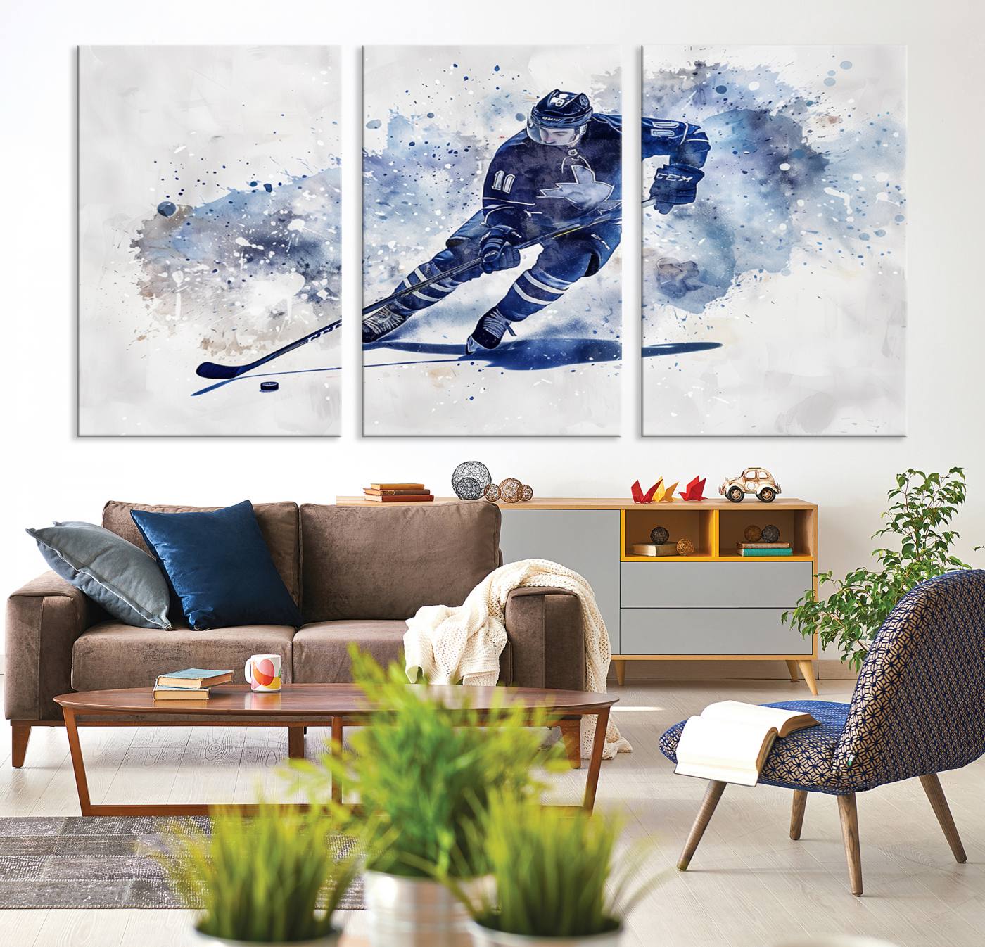 Abstract Watercolor Hockey Player Wall Art Canvas Print for Sport Room Decor