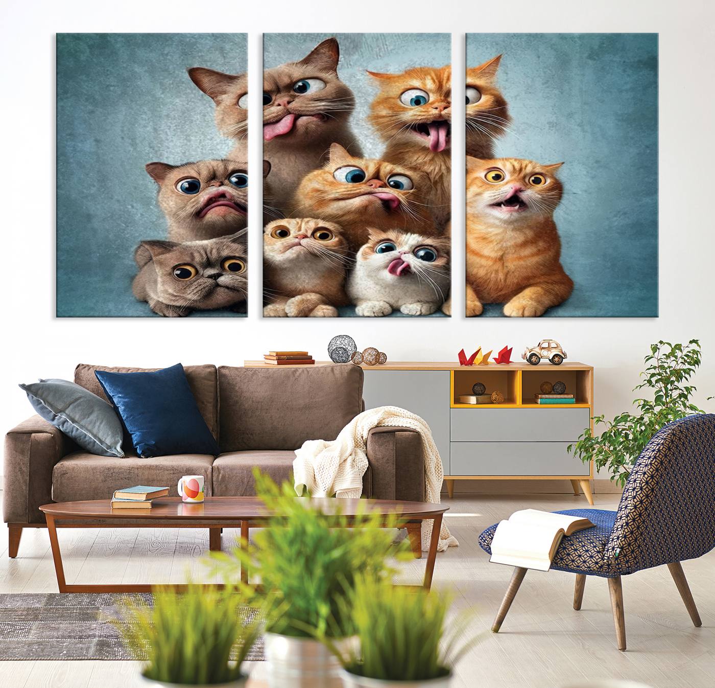 Fanny Cats Wall Art Canvas Print, Pixar Style Cat Wall Art Print, Comic Cartoon Cat Print