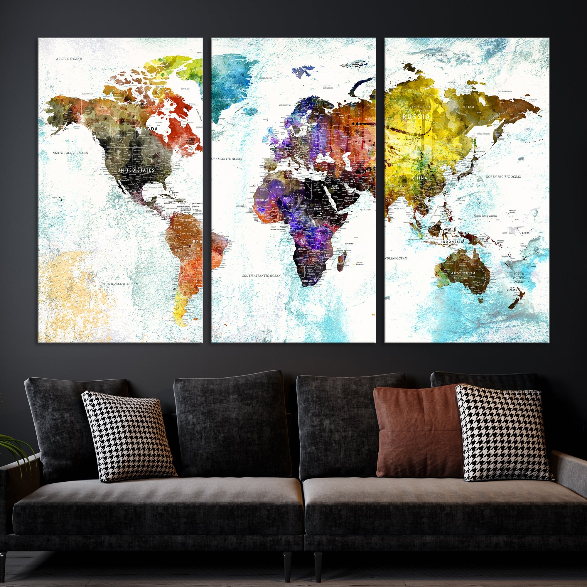 Watercolor Colorful World Map Wall Art Canvas Print Large Giclee Printing Home Decor