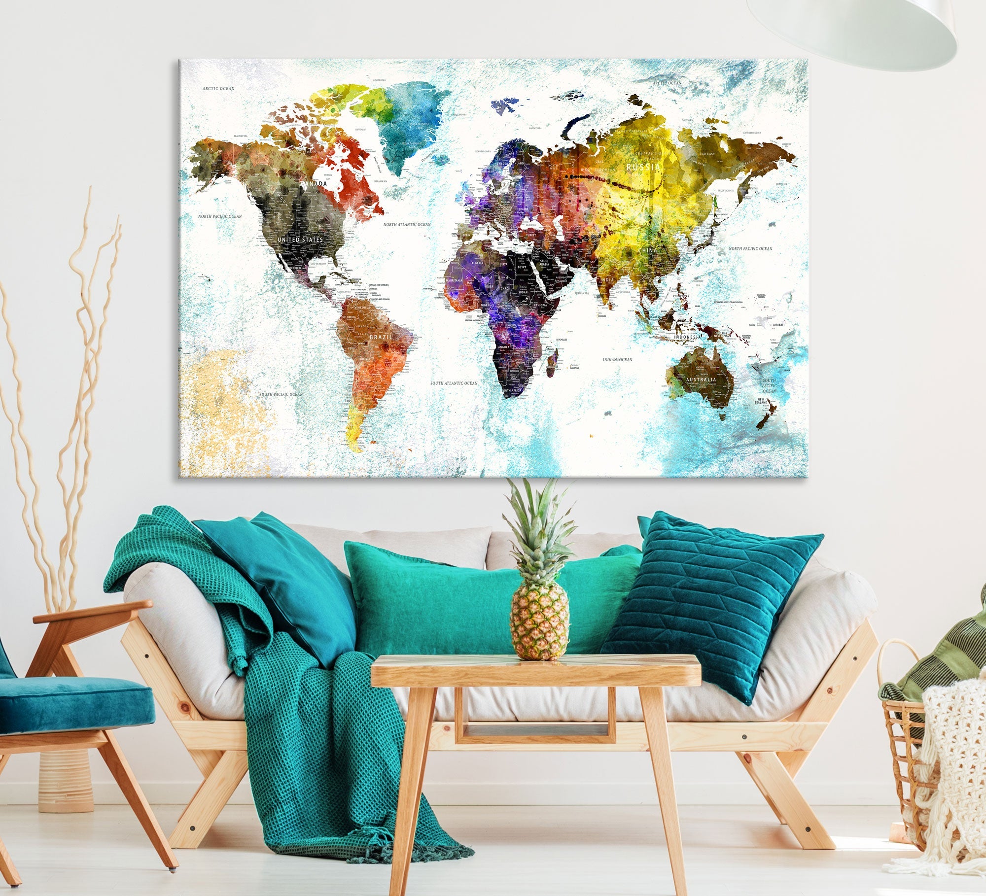 Watercolor Colorful World Map Wall Art Canvas Print Large Giclee Printing Home Decor