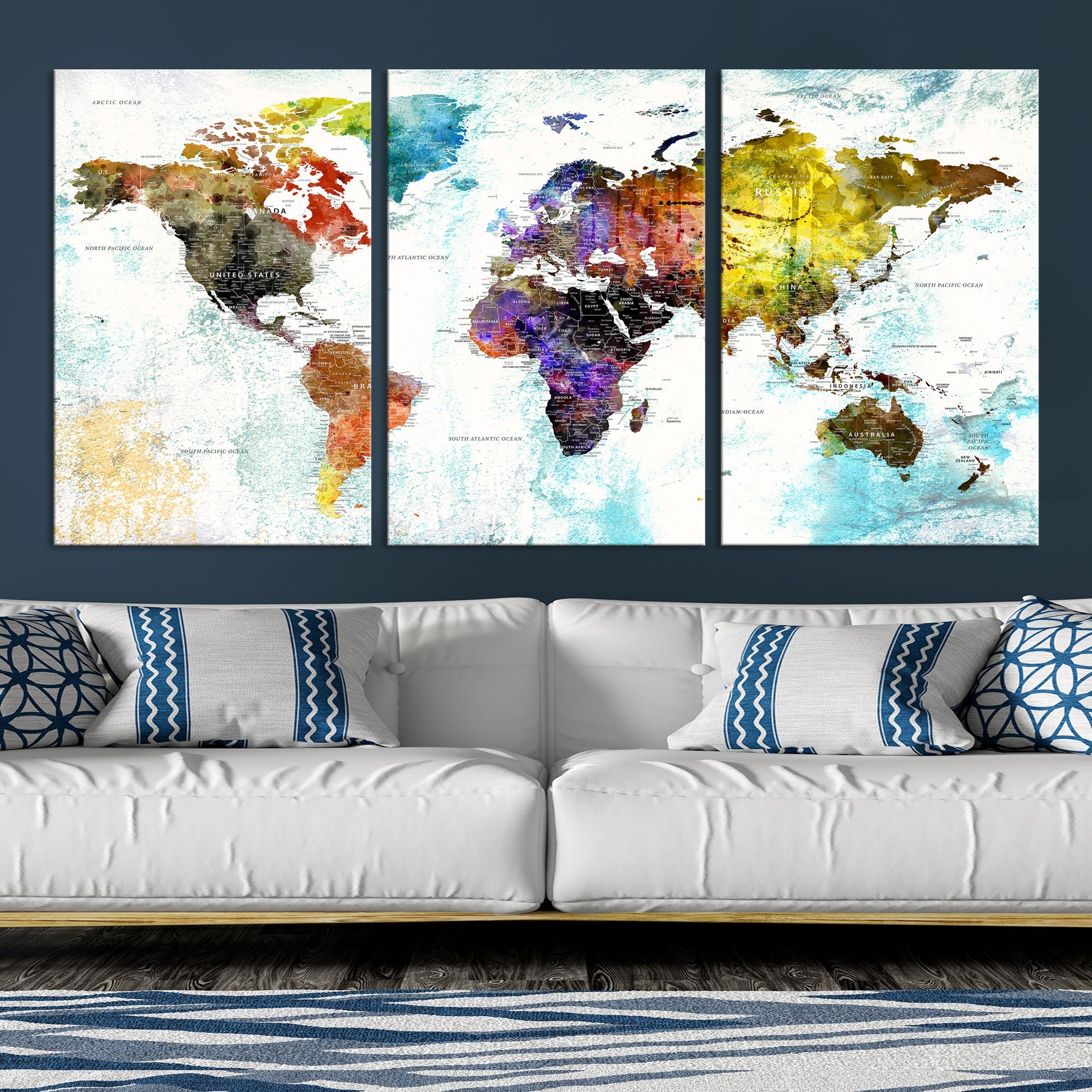 Watercolor Colorful World Map Wall Art Canvas Print Large Giclee Printing Home Decor