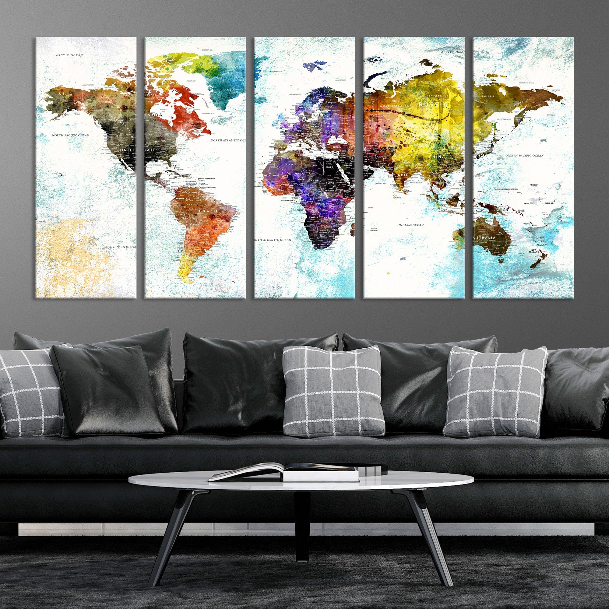 Watercolor Colorful World Map Wall Art Canvas Print Large Giclee Printing Home Decor