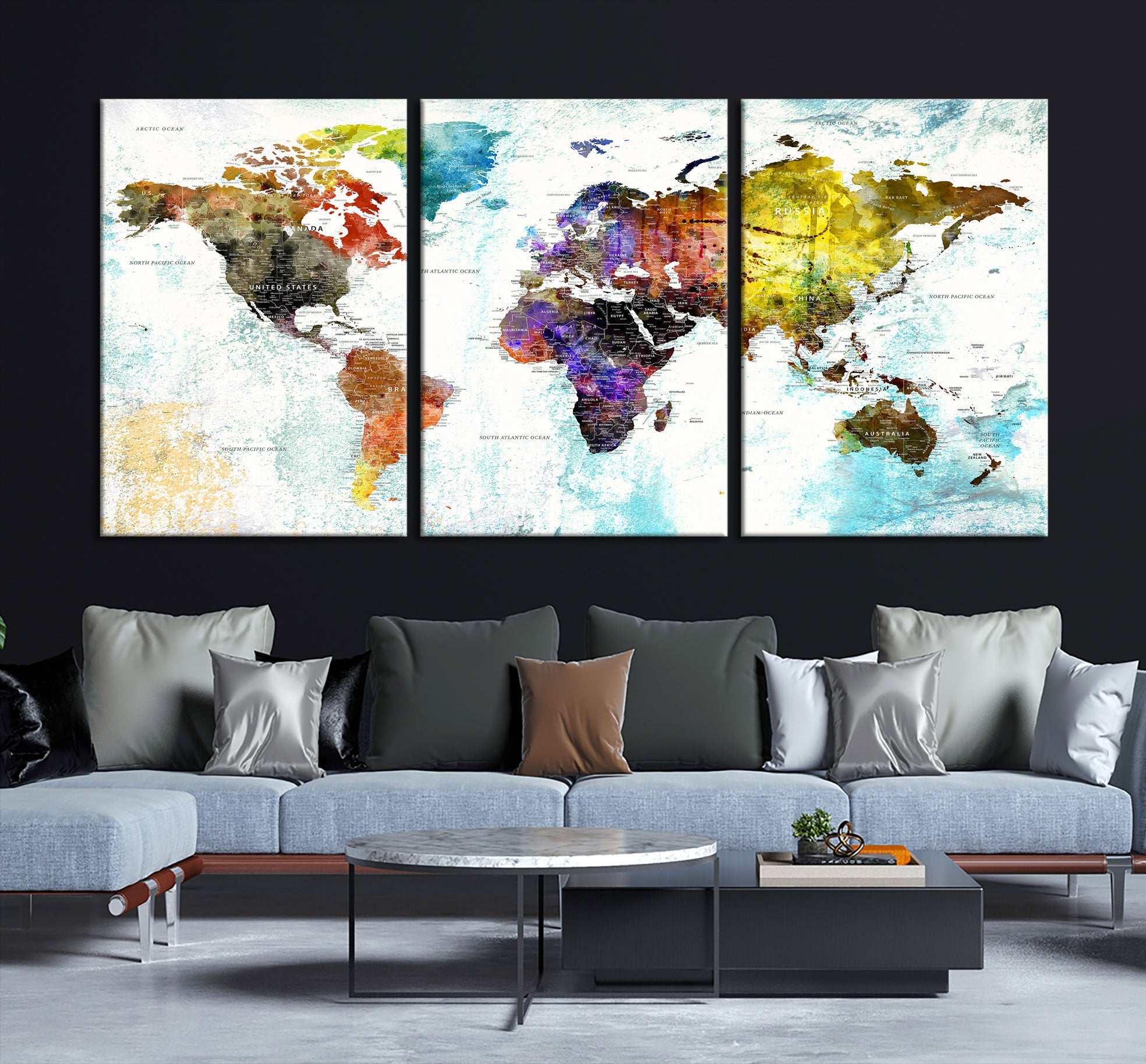 Watercolor Colorful World Map Wall Art Canvas Print Large Giclee Printing Home Decor