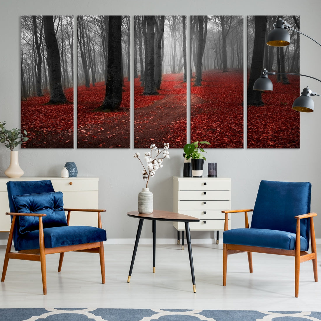 Wonderful Forest with Red Leaves on Ground Large Wall Art Landscape Canvas Print