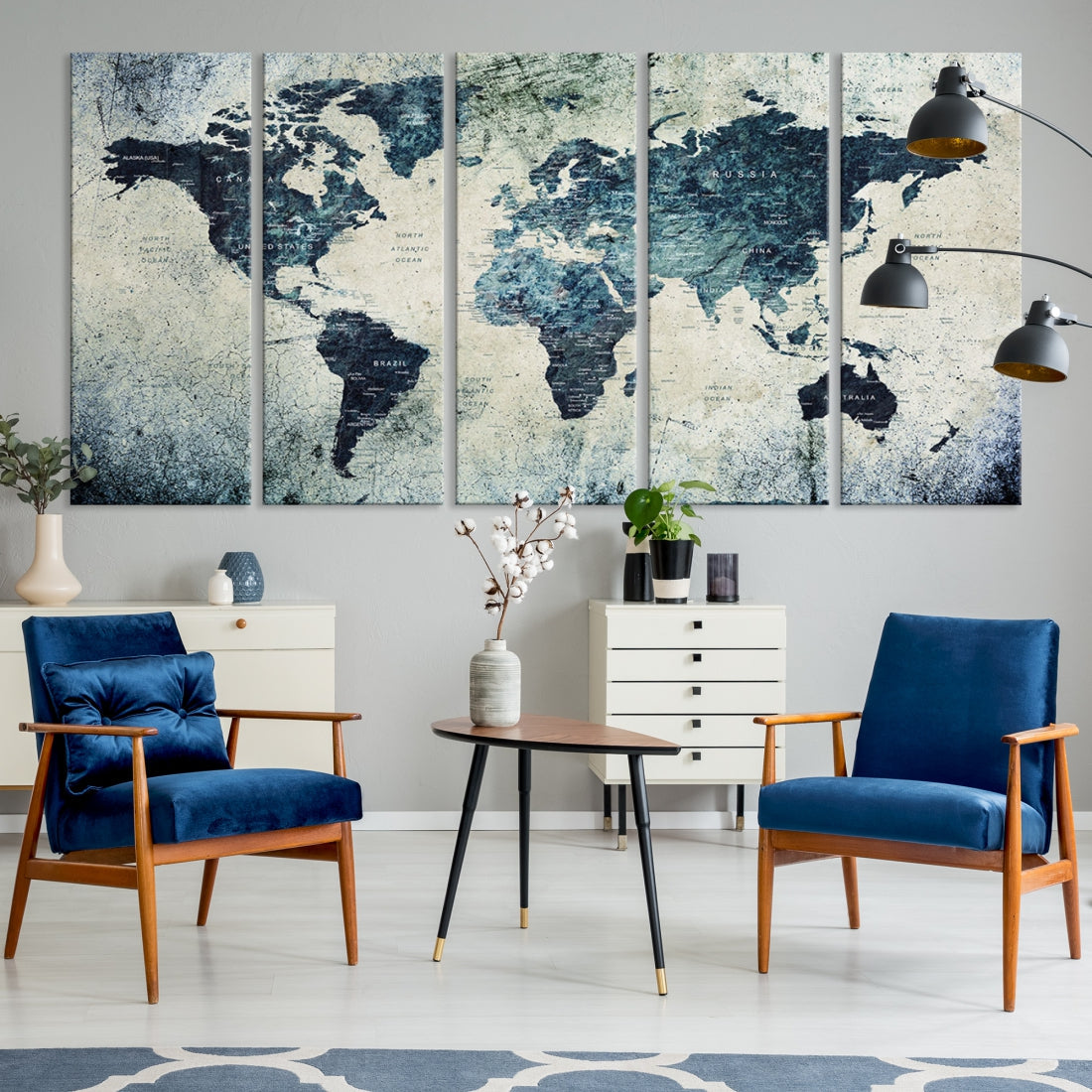 Extra Large World Map Wall Art Watercolor Painting on Canvas Print Grunge Vintage Decor