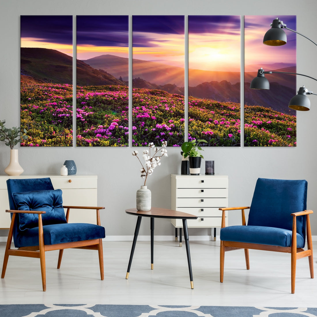 Alluring Spring Mountain with Flowers Sunset Landscape Canvas Wall Art Print