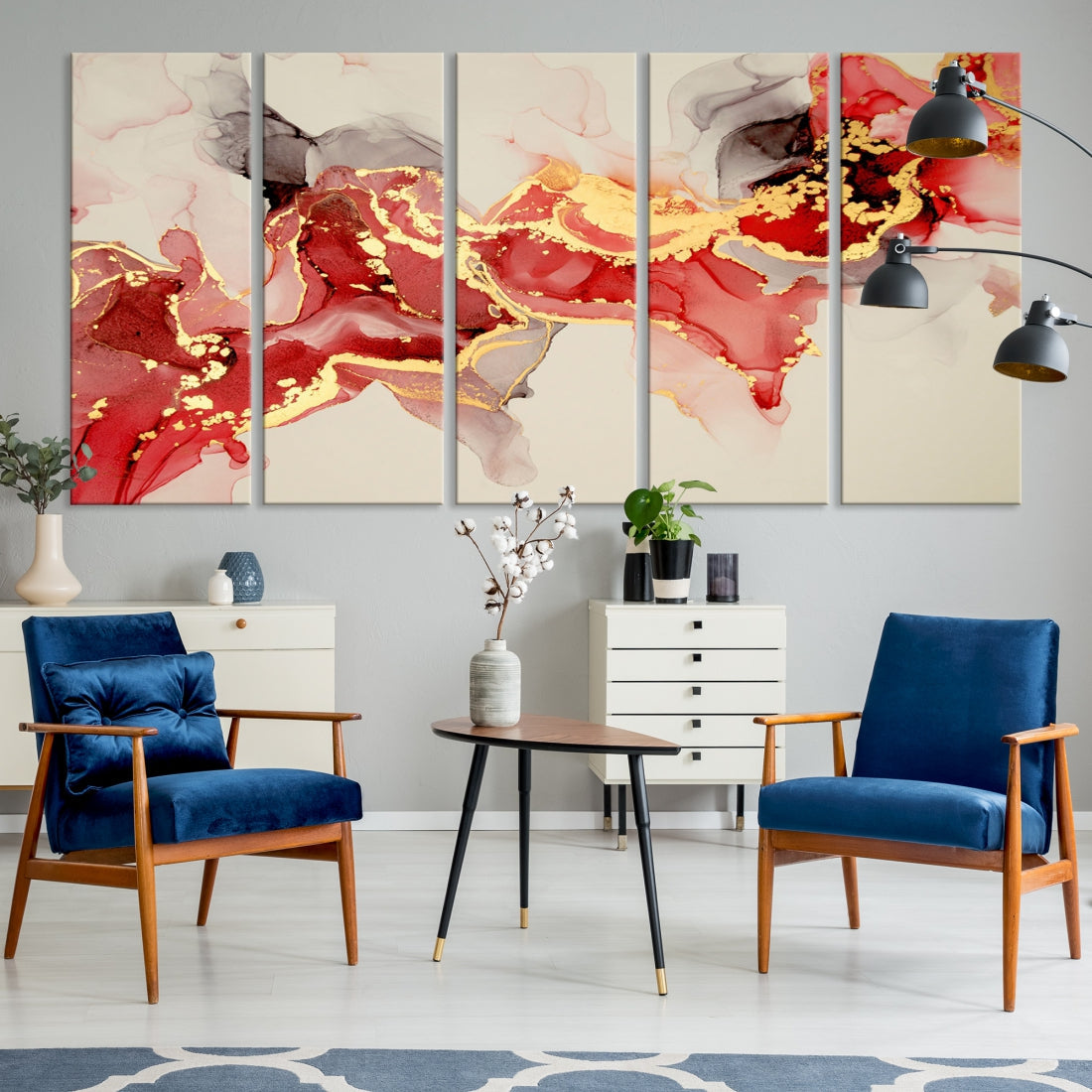 Contemporary Red Gold Abstract Painting on Canvas Print Framed Wall Decor