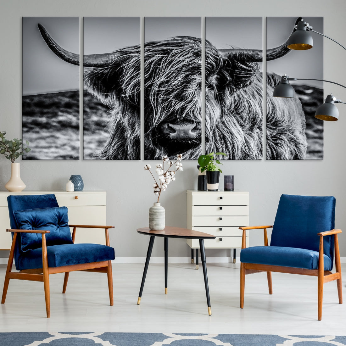 Black and White Extra Large Cow Wall Art Scottish Cattle Animal Canvas Print