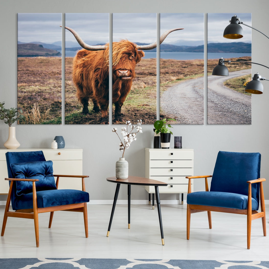 Highland Cow with Big Horn Canvas Wall Art Animal Photo Print Wall Decor