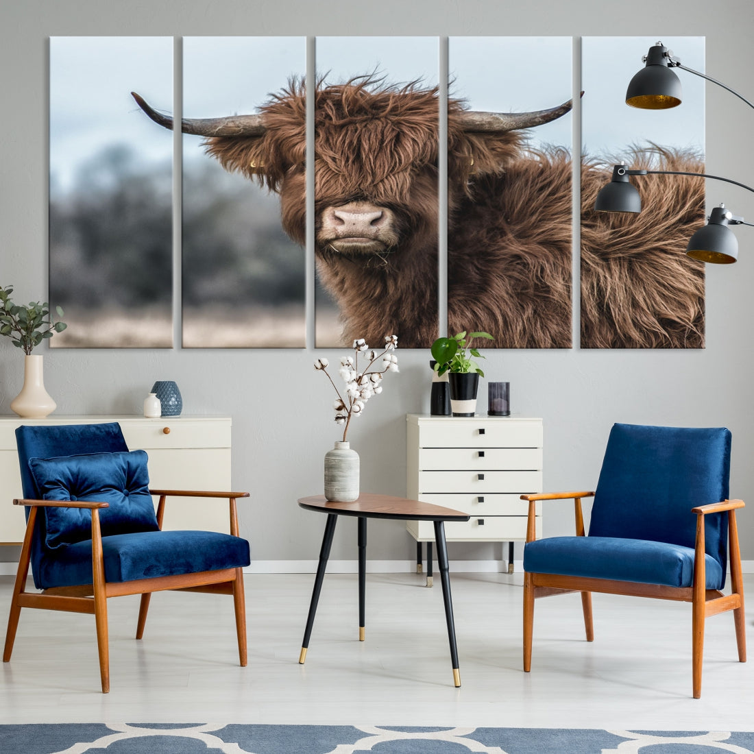 Fluffy Highland Cow Photograph Large Wall Art Canvas Print Cute Animals Picture Wall Decor Artwork for Living Room Farmhouse Printable Art Housewarming Gift Modern Home Art Decor