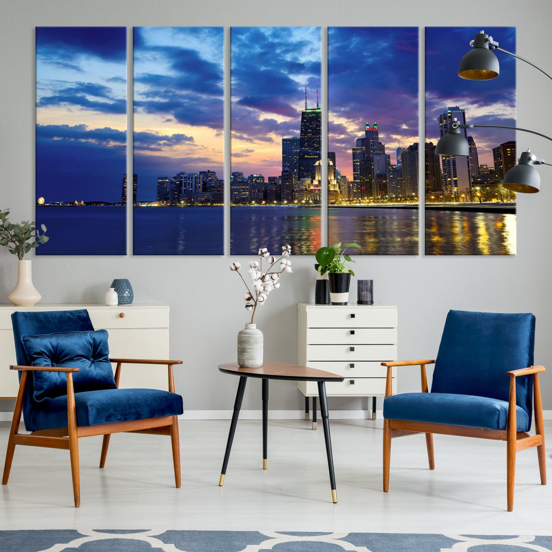 Blue Chicago Night Skyline Downtown Cityscape Large Wall Art Canvas Print