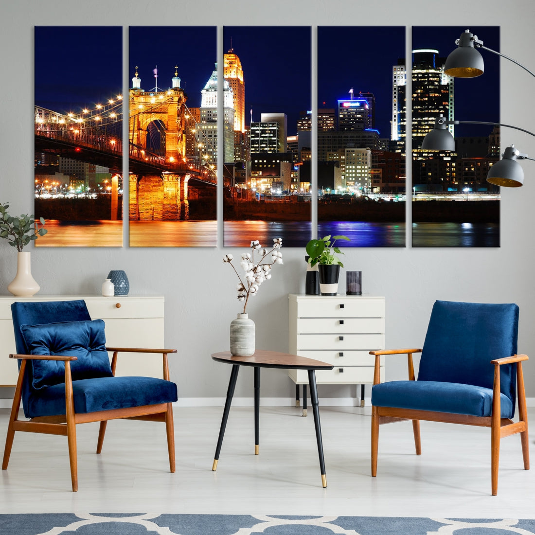 Cincinnati Bright Lights Night Skyline Canvas Wall Art Framed Print