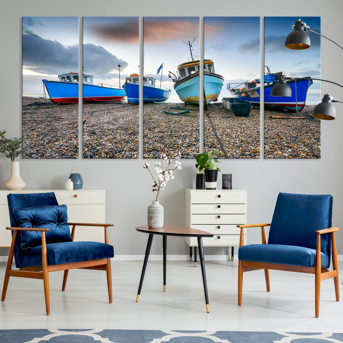 Colorful Boats On The Beach Large Wall Art Canvas Print Sailing Decor