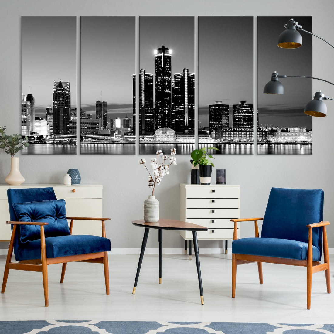 Extra Large Detroit Skyline Black and White Cityscape Wall Art Canvas Print