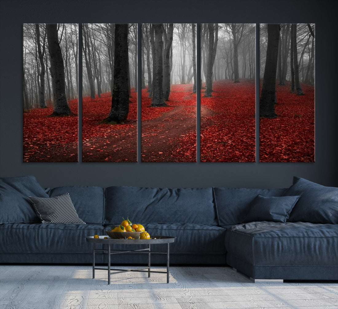 Wonderful Forest with Red Leaves on Ground Large Wall Art Landscape Canvas Print