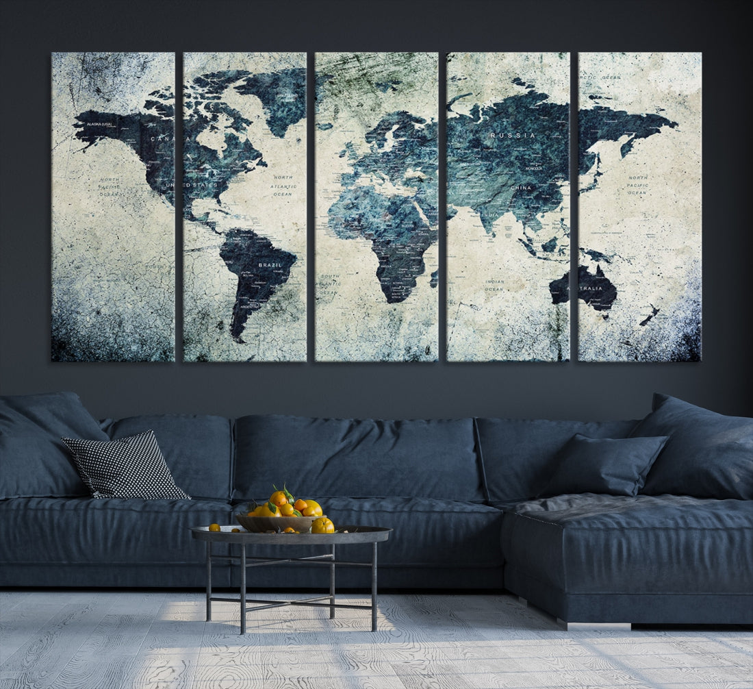 Extra Large World Map Wall Art Watercolor Painting on Canvas Print Grunge Vintage Decor