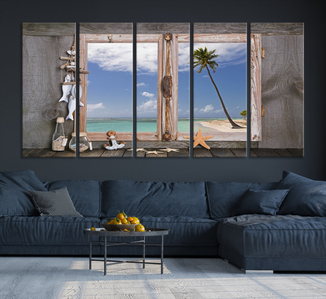 Large Window Wall Art Relaxing Beach Photo Canvas Art Print Starfish Seashells Nautical Art Framed Ocean Artwork