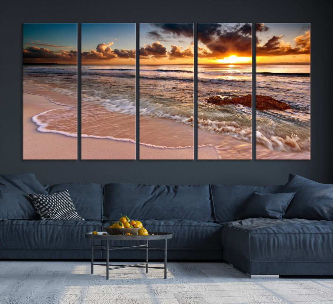 Breathtaking Sunset and Calm Beach Waves Canvas Wall Art Print