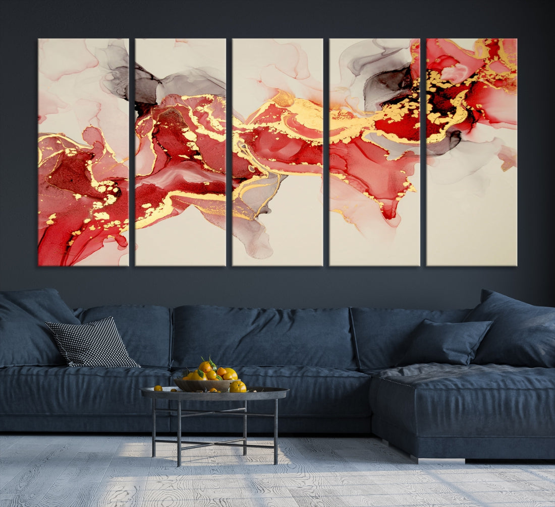 Contemporary Red Gold Abstract Painting on Canvas Print Framed Wall Decor