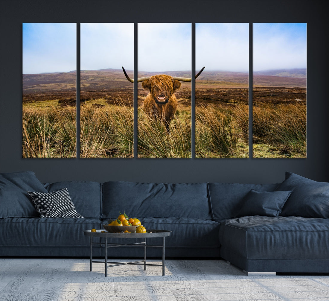 Highland Cow with Beautiful Landscape Canvas Wall Art Print Large Animal Art Print Farmhouse Ranch Farm Decor Cute Animals Cow Print Framed Ready to Hang Original Canvas Artwork