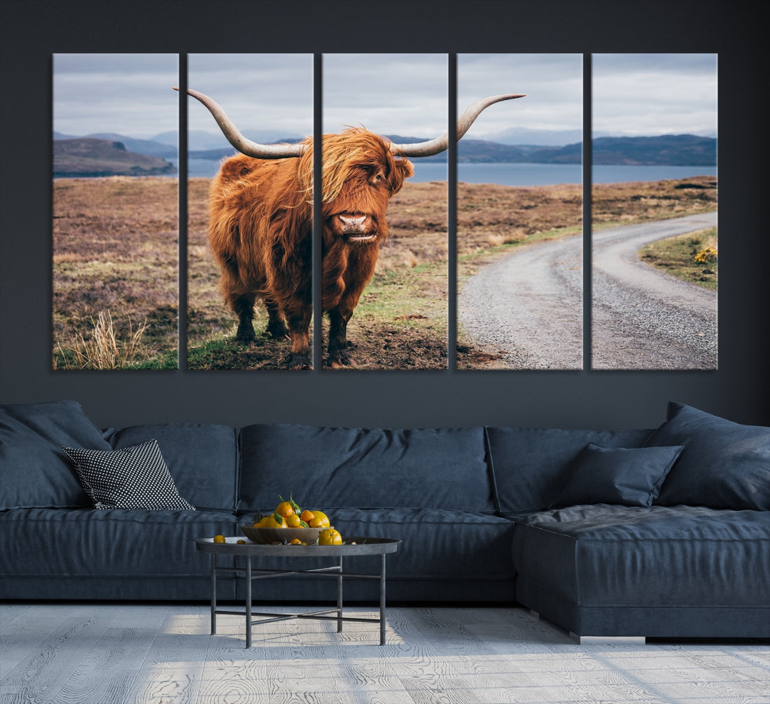 Highland Cow with Big Horn Canvas Wall Art Animal Photo Print Wall Decor