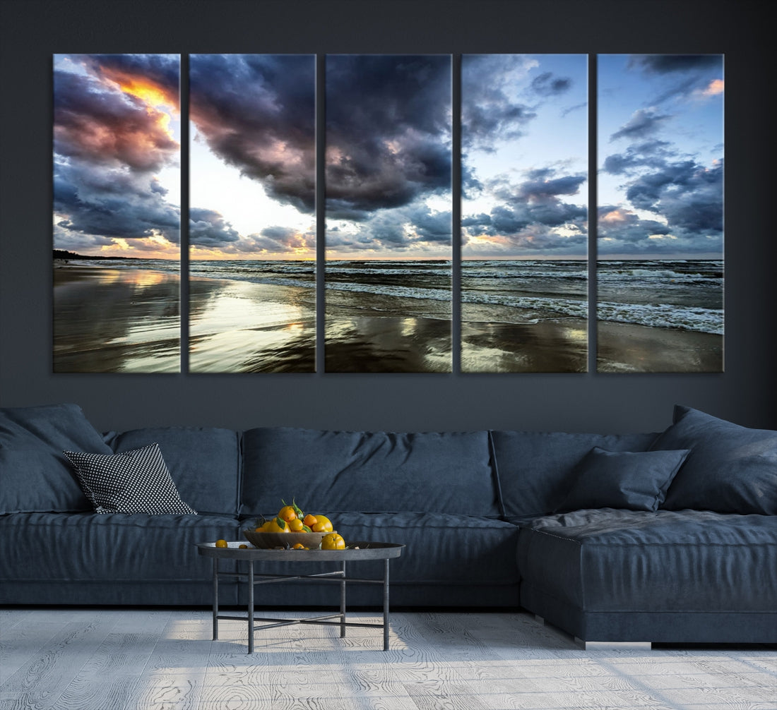 Cloudy Sky Calm Ocean Beach Nature Large Framed Canvas Art Print